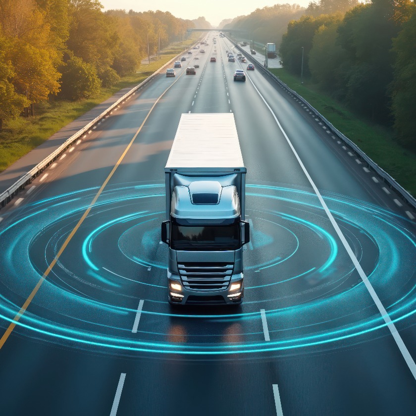 Illustration eines autonom fahrenden Lkw auf der Autobahn. Verkehrssensoren erfassen die Umgebung. Gütertransport – die Zukunft des Verkehrs, angetrieben durch KI. Selbstfahrendes Fahrzeug auf der Straße.